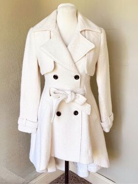 bebe Cream Double-Breasted Trench Coat with Waist Tie